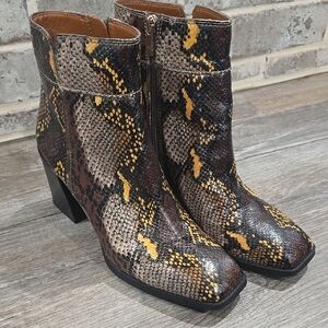 Brown and Yellow Snakeskin Ankle Booties with Chunky Heel